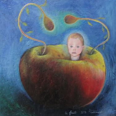 Painting titled "Le Fruit" by Yveline Tainmont, Original Artwork, Oil Mounted on Wood Stretcher frame