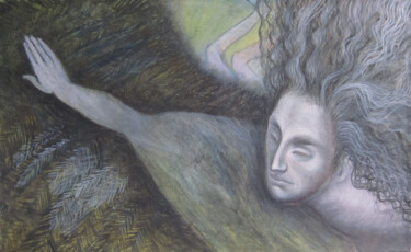 Drawing titled "planant" by Yveline Tainmont, Original Artwork, Oil Mounted on Wood Stretcher frame