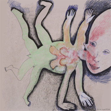 Dessin intitulée "Fem-Homm-araignée" par Yveline Tainmont, Œuvre d'art originale, Stylo à bille