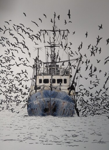 Dessin intitulée "retour de pêche" par Yves Briais, Œuvre d'art originale, Crayon