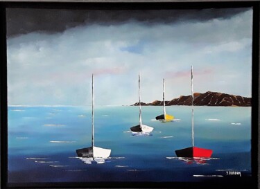 Painting titled "Au mouillage" by Yves Burban, Original Artwork, Acrylic Mounted on Wood Stretcher frame