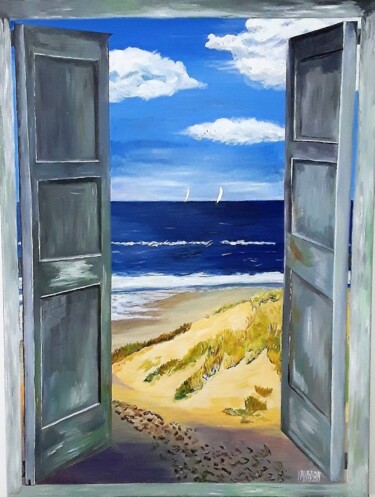 Painting titled "Vue sur mer" by Yves Burban, Original Artwork, Acrylic Mounted on Wood Stretcher frame
