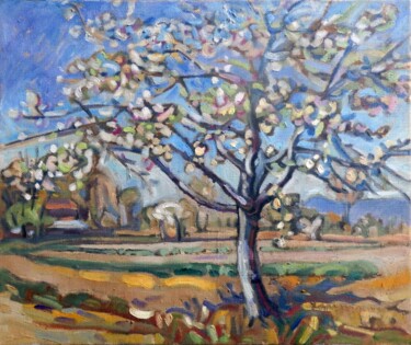 Painting titled "Cerisier blanc" by Yves Calméjane, Original Artwork, Oil Mounted on Wood Stretcher frame
