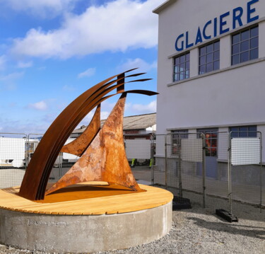 Sculptuur getiteld "La Vague" door Yves Ferrec, Origineel Kunstwerk, Roestvrij Staal