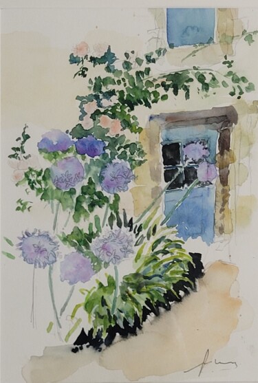 Painting titled "Agapanthes et roses" by Yves Le Brun, Original Artwork, Watercolor