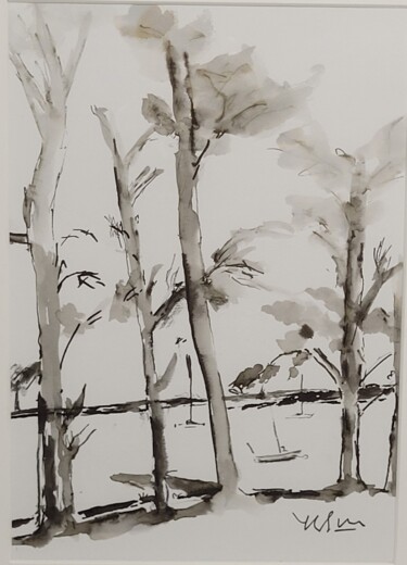 Schilderij getiteld "Arbres et mouillage…" door Yves Le Brun, Origineel Kunstwerk, Inkt