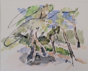 Painting titled "Abstraction - Arbres" by Yves Le Brun, Original Artwork, Watercolor