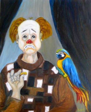 Peinture intitulée "Le clown et l'oiseau" par Yves Le Mauff, Œuvre d'art originale, Huile