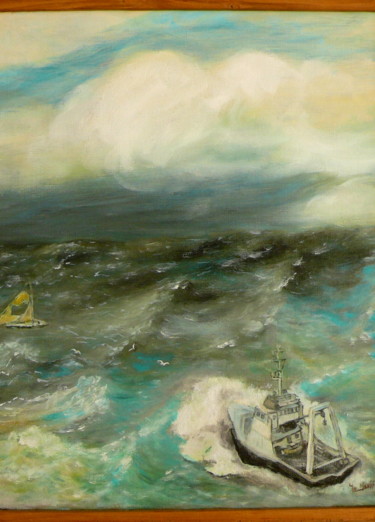 Painting titled "Le sauvetage en mer" by Yves Le Mauff, Original Artwork, Oil