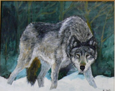 Painting titled "Loup attentif" by Yves Le Mauff, Original Artwork, Oil