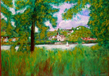 Peinture intitulée "Village au bord de…" par Yves Le Mauff, Œuvre d'art originale, Huile