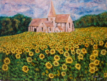 Painting titled "Eglise campagnarde…" by Yves Le Mauff, Original Artwork, Oil