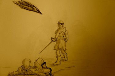 Drawing titled "Singulier combat" by Yves Le Mauff, Original Artwork, Ink