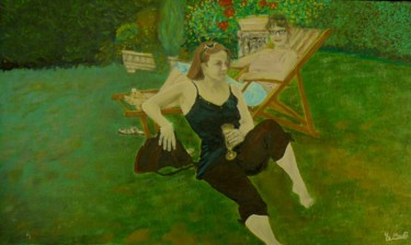 Peinture intitulée "Détente au jardin" par Yves Le Mauff, Œuvre d'art originale, Huile