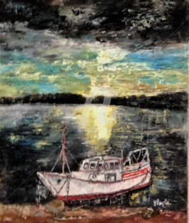 Painting titled "Bateau au port" by Yves Perrotte, Original Artwork, Acrylic