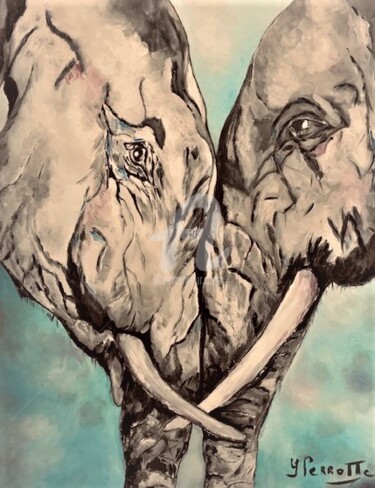 Pintura intitulada "Couple Elephants 'F…" por Yves Perrotte, Obras de arte originais, Óleo Montado em Outro painel rígido
