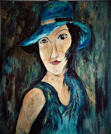 Painting titled "Femme Bleue Cotignac" by Yves Perrotte, Original Artwork, Oil
