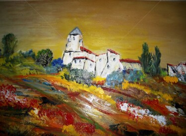 Painting titled "Village perché" by Yves Perrotte, Original Artwork, Acrylic