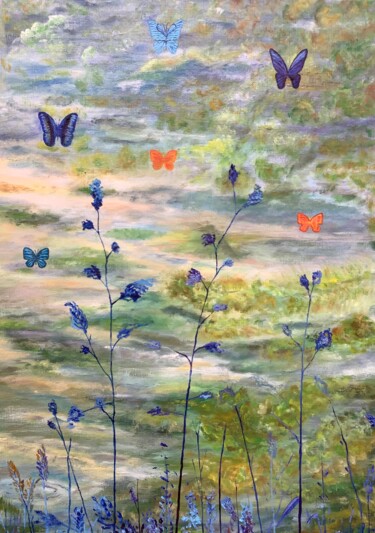 Painting titled "PAPILLONS" by Yves Weiler, Original Artwork, Oil Mounted on Wood Stretcher frame