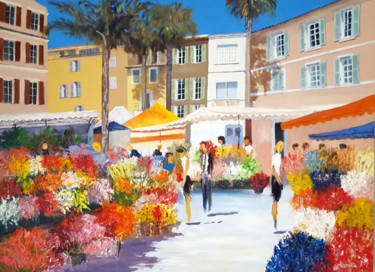 Painting titled "Marché aux fleurs à…" by Yves Conte, Original Artwork, Oil