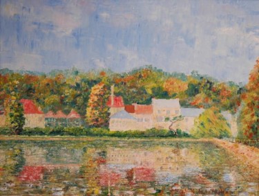Peinture intitulée "maison sur l'étang…" par Yves De La Malene, Œuvre d'art originale