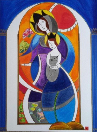 Disegno intitolato "vitrail la vierge e…" da Yves Koehl, Opera d'arte originale, Pennarello