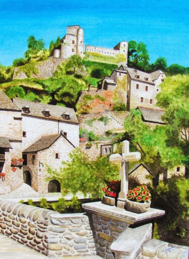 Painting titled ""Belcastel"" by Yves Lafond, Original Artwork, Watercolor Mounted on Wood Panel