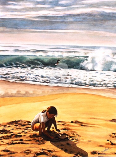 Schilderij getiteld ""L'Enfant et la Vag…" door Yves Lafond, Origineel Kunstwerk, Aquarel