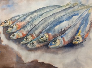 Malerei mit dem Titel "Les Sardines" von Yves Marie Teiller, Original-Kunstwerk, Aquarell