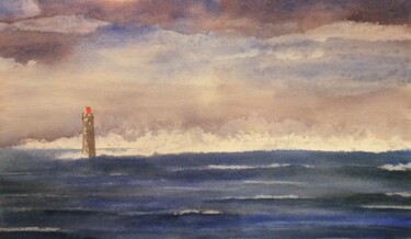 Painting titled "Le Phare des Barges" by Yves Marie Teiller, Original Artwork, Watercolor