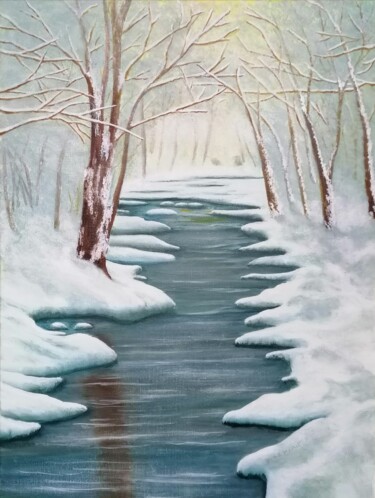 Painting titled "RUISSEAU D' HIVER" by Yves Marie Teiller, Original Artwork, Oil Mounted on Wood Stretcher frame