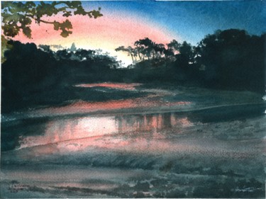 Peinture intitulée "La Rivière à l'aube" par Yves Varlet, Œuvre d'art originale, Aquarelle
