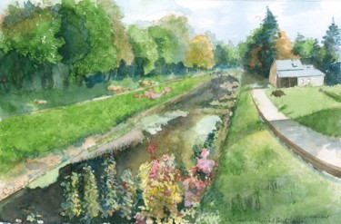Painting titled "Le canal envasé" by Yves Varlet, Original Artwork, Watercolor