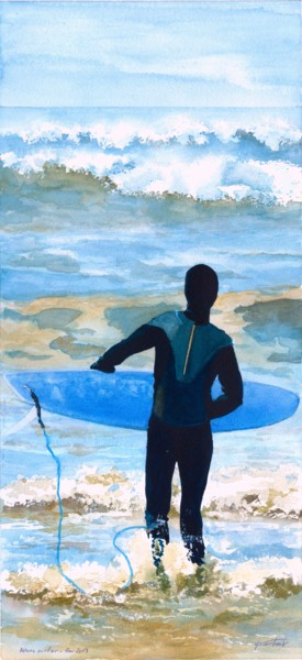 Painting titled "Allons surfer" by Yves Varlet, Original Artwork, Watercolor