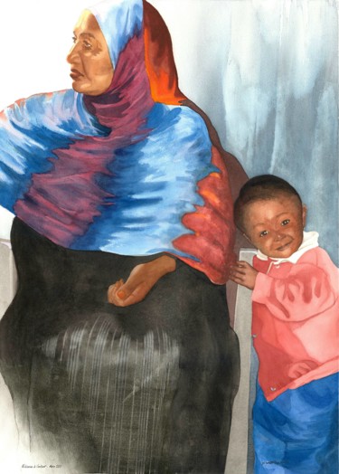 Painting titled "NUBIENNE A L'ENFANT" by Yves Varlet, Original Artwork, Watercolor