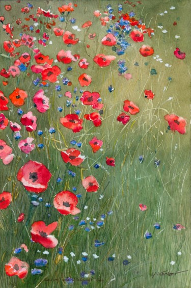 Painting titled "COQUELICOTS ET BLEU…" by Yves Varlet, Original Artwork, Watercolor