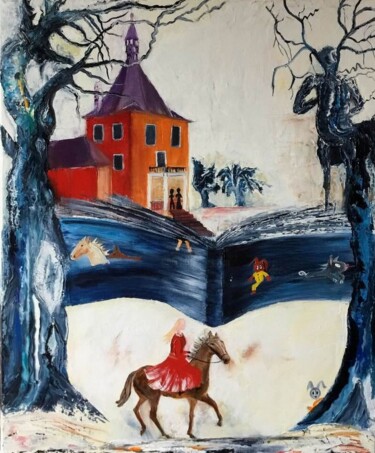 Painting titled "La belle au livre d…" by Yvette Caufriez, Original Artwork, Oil