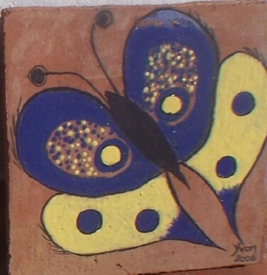 Schilderij getiteld "Butterfly Blue on r…" door Yvonne Palmer, Origineel Kunstwerk