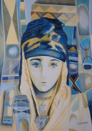 Dessin intitulée "Femme au turban bleu" par Zekara, Œuvre d'art originale