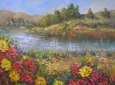 Pintura intitulada "PAISAGEM COM ROSAS" por Za Ellob, Obras de arte originais