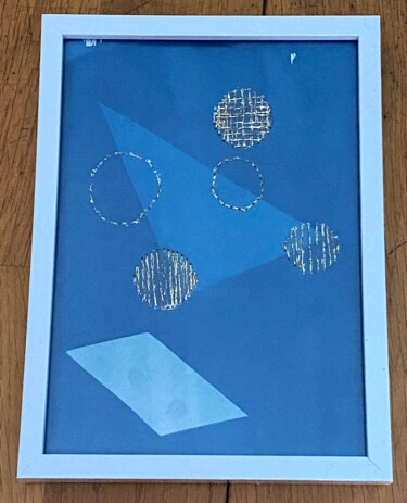 Painting titled "Cyanotype et broder…" by Za, Original Artwork, Pigments Mounted on Cardboard