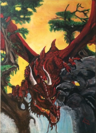 Peinture intitulée "dragon-rouge-2.jpg" par Carole Zaccaria, Œuvre d'art originale, Huile