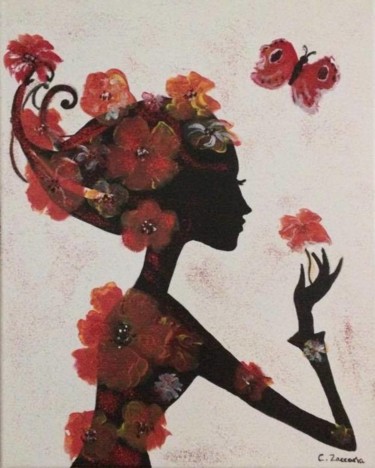 Painting titled "la femme aux fleurs" by Carole Zaccaria, Original Artwork, Acrylic