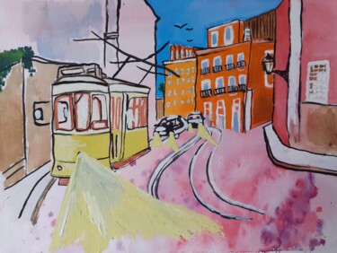 Peinture intitulée "Une rue de Lisbonne" par Zael, Œuvre d'art originale, Aquarelle