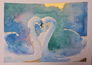 Peinture intitulée "Couple de cygnes" par Zael, Œuvre d'art originale, Aquarelle