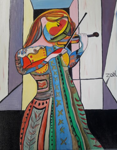 Картина под названием "LA VIOLONISTE" - Zaël, Подлинное произведение искусства, Масло Установлен на Деревянная рама для носи…