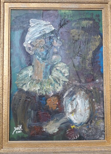 Peinture intitulée "CLOWN AU TAMBOURIN" par Zaël, Œuvre d'art originale, Huile Monté sur Panneau de bois