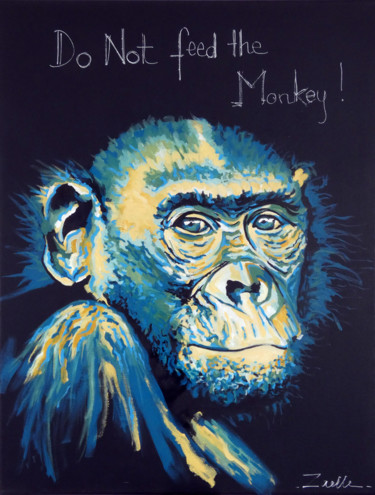 Painting titled "Monkey" by Elsa Ducourret (Zaelle), Original Artwork, Acrylic Mounted on Wood Stretcher frame