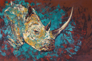 Painting titled "Rhinocéros" by Elsa Ducourret (Zaelle), Original Artwork, Acrylic Mounted on Wood Stretcher frame