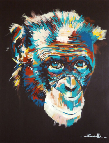 Painting titled "Bonobo" by Elsa Ducourret (Zaelle), Original Artwork, Acrylic Mounted on Wood Stretcher frame